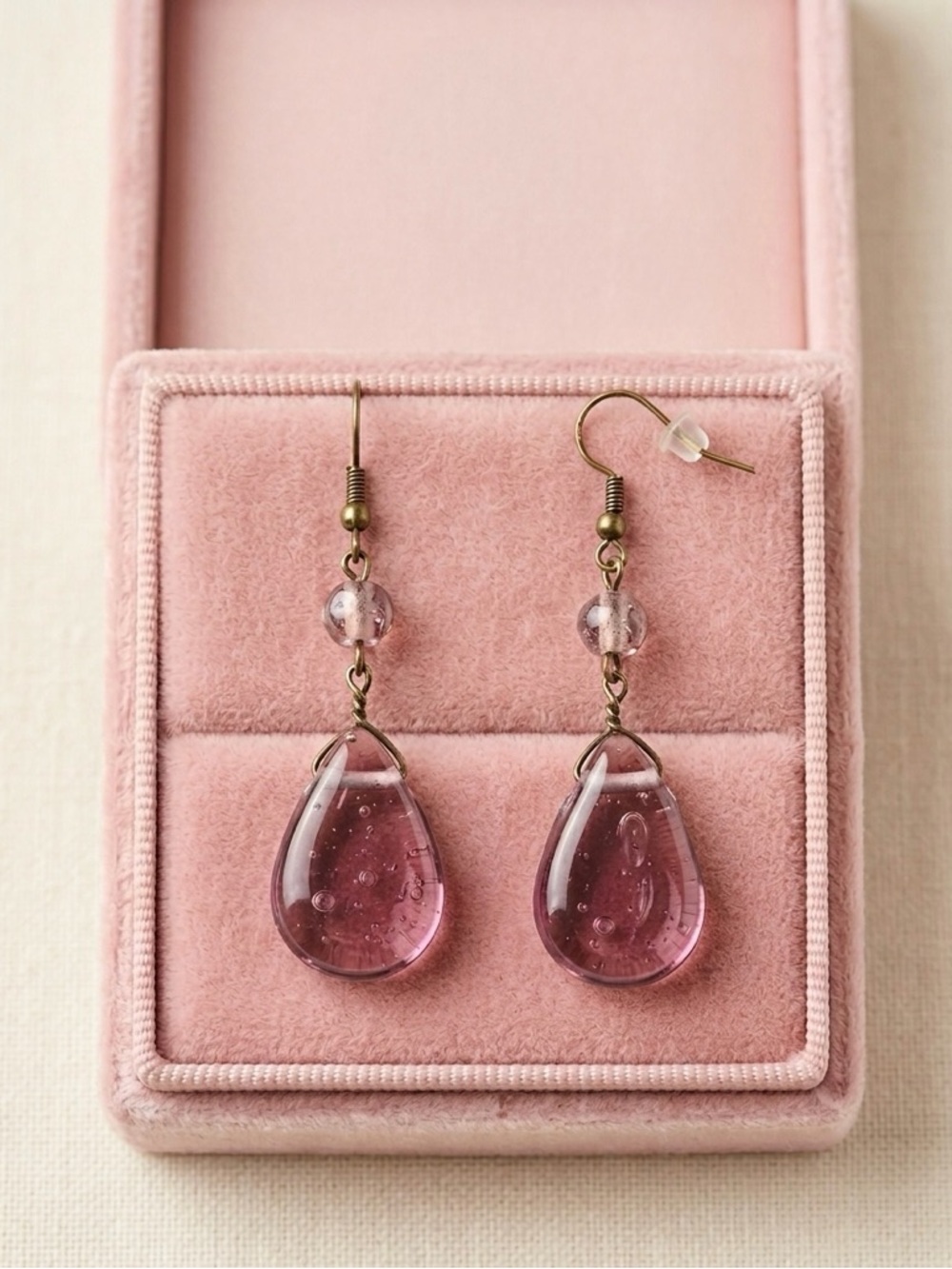 Amethyst / Purple Hand blown Glass Bead Teardrop Earrings